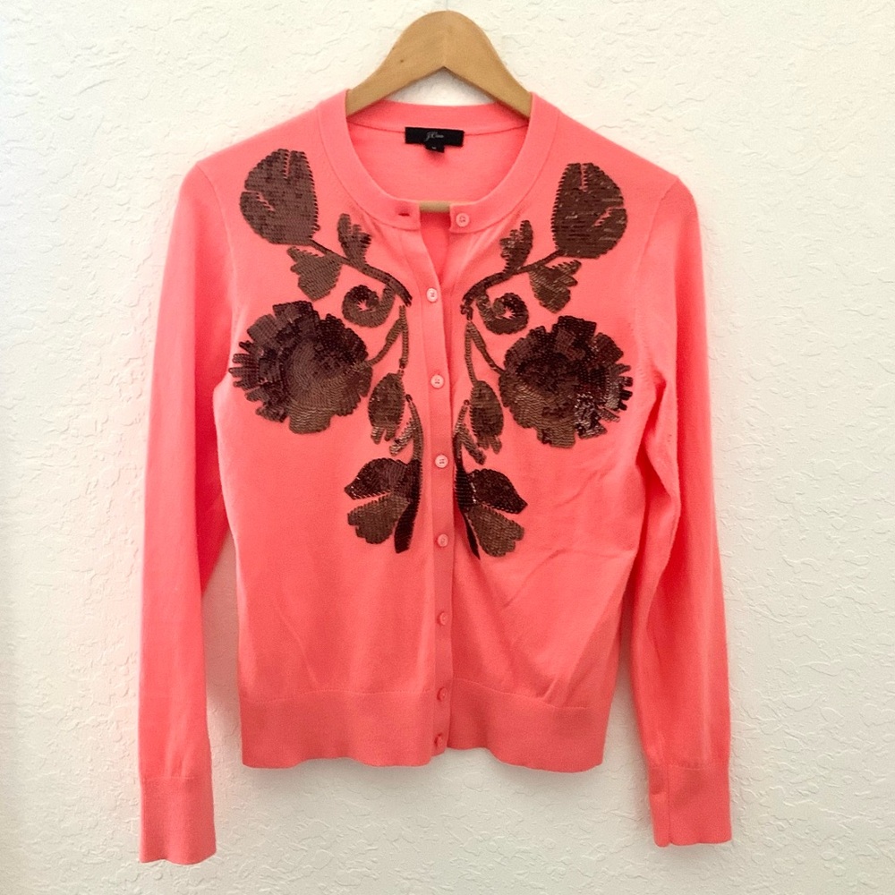 J.Crew Coral Pink Cardigan with Sequin Floral Accents